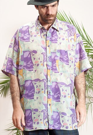MENS VINTAGE SHORT SLEEVE, ABSTRACT PRINT, BUTTON UP SHIRT