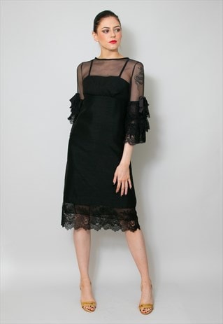 70's Jean Varon Ladies Vintage Black Lace Ruffle Midi Dress
