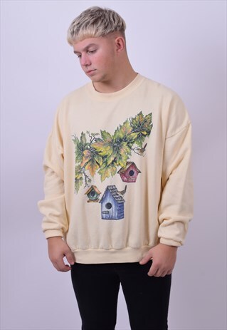 VINTAGE 90'S USA YELLOW BIRD BOX SWEATER SIZE X LARGE