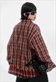 WOOLEN CHECK SHIRT LONG SLEEVE CHECK BLOUSE PLAID TOP IN RED
