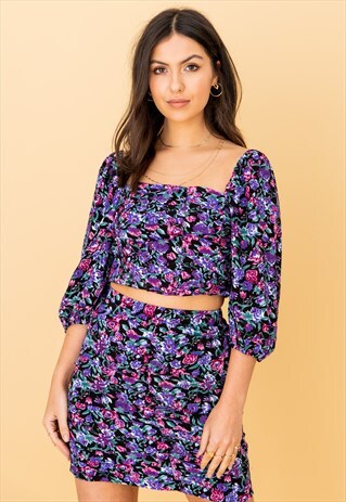 PURPLE FLORAL SQUARE NECK TOP AND SKIRT (CO-ORD SET)