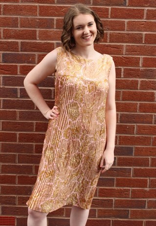 VINTAGE 70S GOLD PINK PAISLEY FLORAL RIBBED SHIFT MIDI DRESS