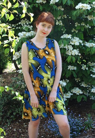 VINTAGE 70S BLUE YELLOW FLORAL RIBBED FESTIVAL SMOCK DRESS