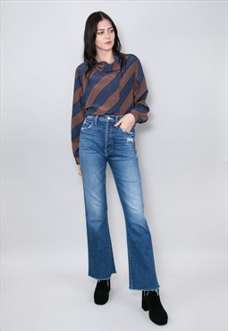 Vintage 80's Blouse Ladies Blue Brown Stripe Long Sleeve