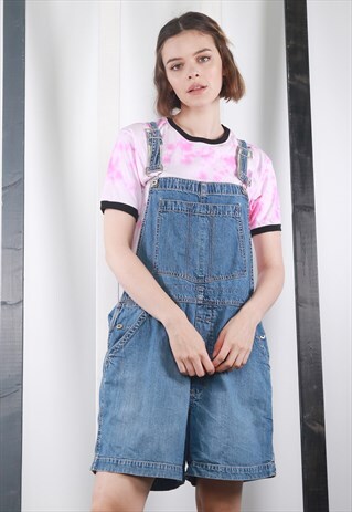 VINTAGE 90S LIGHT BLUE DENIM SHORT DUNGAREES. OVERALLS