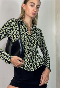 Vintage 70's Style Woven Crochet Printed Shirt Green Black