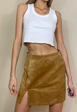 Vintage Y2K 00'S Summer Suede Slit Mini Skirt Tan High Waist