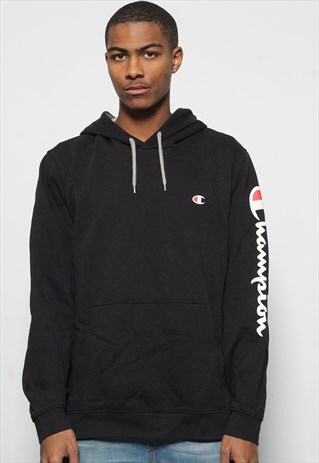 VINTAGE CHAMPION BIG SPELL OUT LOGO HOODIE BLACK