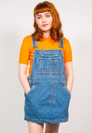 VINTAGE 90'S BLUE DENIM MINI PINAFORE DUNGAREE DRESS