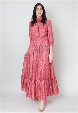 70's Ladies Vintage Dress Red Prairie Cotton Floral Midi