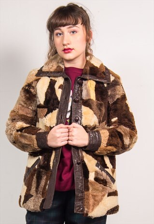 VINTAGE 70'S PATCHWORK BROWN FAUX FUR & LEATHER JACKET
