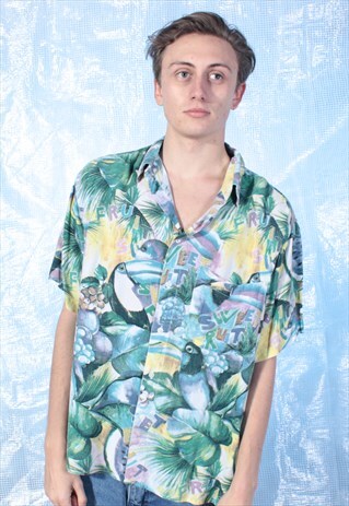VINTAGE GREEN, WHITE AND PURPLE TOUCAN PATTERNED SHIRT
