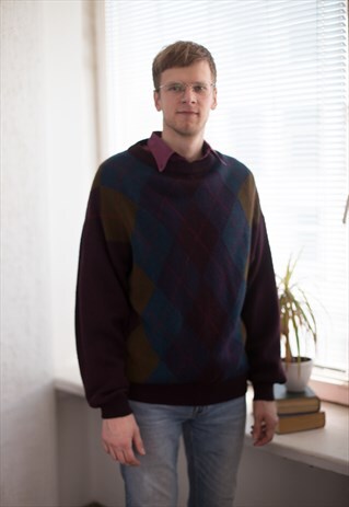VINTAGE 80'S PURPLE CHECKED KNITTED JUMPER