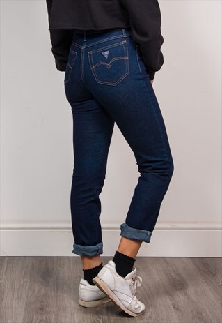 90'S VINTAGE DARK BLUE DENIM HIGH WAIST STRIAGHT LEG JEANS