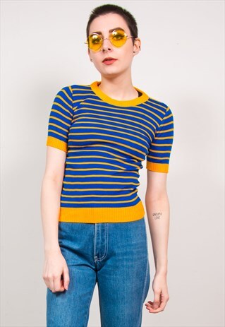 VINTAGE 70'S BLUE & YELLOW STRIPED PATTERN RIBBED KNIT TOP