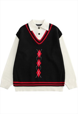 KALODIS COLLEGE STYLE KNIT POLO COLLAR FAKE TWO-PIECE TOP