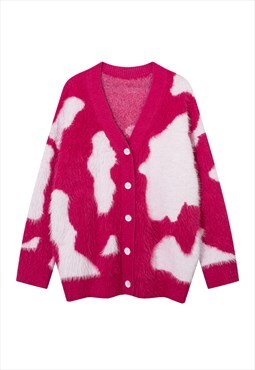 Cow print cardigan fluffy abstract jumper fuzzy knitted top