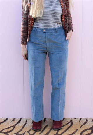 VINTAGE DUSTY BLUE HIGH WAISTED CORD TROUSERS