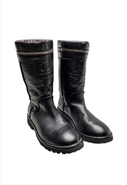 Chanel Boots Biker EU 38 / UK 5 Black Leather Mid Calf Logo