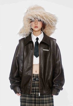 Faux leather aviator jacket old PU bomber grunge coat brown