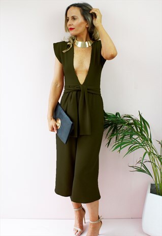 KHAKI PLUNGE SLEEVELESS WIDE CULOTTES PALAZZO JUMPSUIT