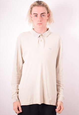 FILA MENS VINTAGE POLO SHIRT LONG SLEEVE LARGE BEIGE 90S