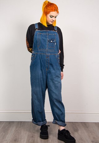 VINTAGE 90'S DARK BLUE DENIM LONG STRAIGHT LEG DUNGAREES