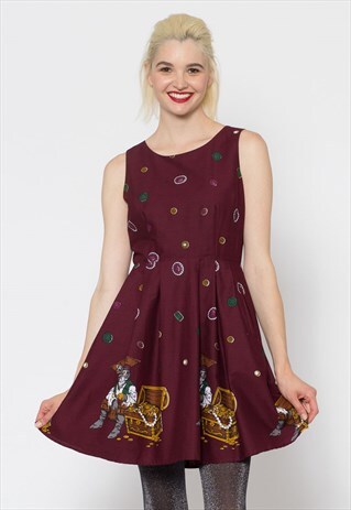 MAROON SLEEVELESS PIRATE CAT PRINT DRESS