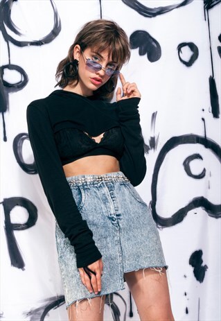 VINTAGE DENIM SKIRT 80S REWORKED HIGH WAIST RAW HEM MINI