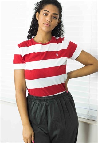 VINTAGE POLO RALPH LAUREN STRIPED T-SHIRT LOGO 90S L 3.8