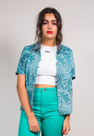 VINTAGE 90'S BLUE PAISLEY PATTERN SHORT SLEEVE BLOUSE SHIRT
