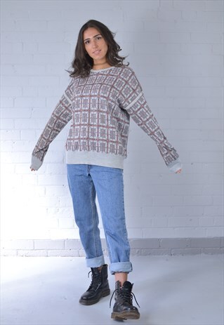 VINTAGE GREY & RED GEOMETRIC PATTERNED KNITTED JUMPER