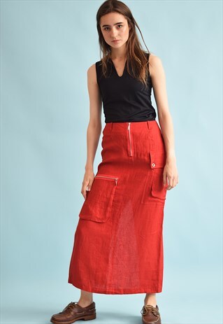 90'S RETRO LINEN SPLIT MOMS MAXI SKIRT