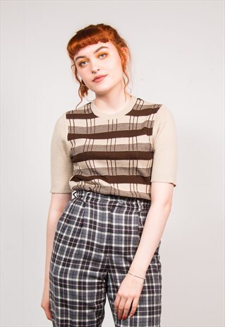 70'S VINTAGE BEIGE CHECK PATTERN GEEK KNIT TOP