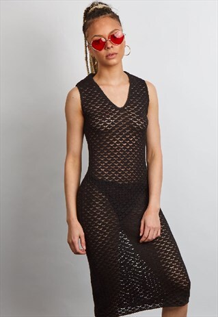 VINTAGE 90'S DOLCE & GABBANA BLACK CROCHET MIDI DRESS
