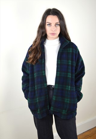 1990S VINTAGE GREEN & BLUE TARTAN FULL ZIP FLEECE JACKET