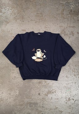 Vintage 90s Sweatshirt Embroidered Frog Blue