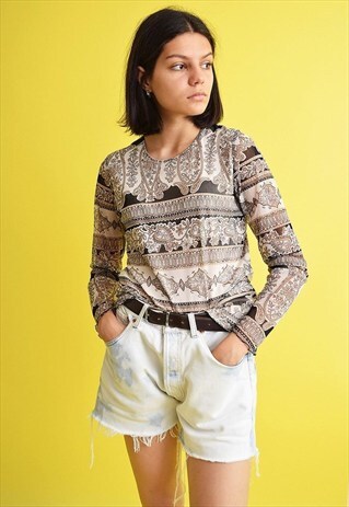 90'S MINIMALIST ABSTRACT FLORAL PRINT MESH LACE TOP BLOUSE