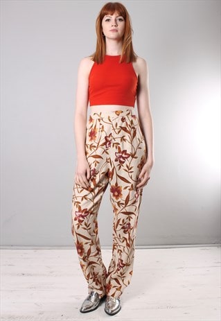 VINTAGE 90S FLORAL PATTERNED LINEN HIGH WAISTED TROUSERS