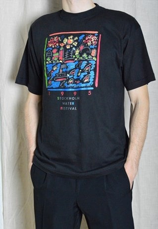 Vintage 90s Black Graphic Art Stockholm 1995 T-shirt