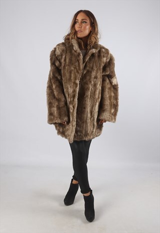 VINTAGE FAUX FUR COAT JACKET SHORT MID UK 20 3XL (J9BB)
