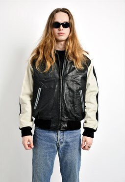 Vintage leather bomber jacket men black white retro 90s 80s