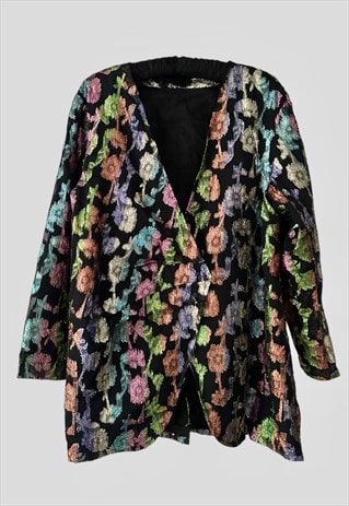 80'S BLACK FLORAL METALLIC GOLD LADIES BLAZER EVENING JACKET