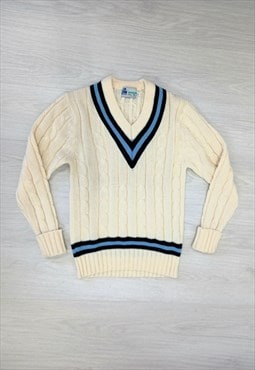 80's Vintage Gunn & Moore Jumper Cream Blue Knit