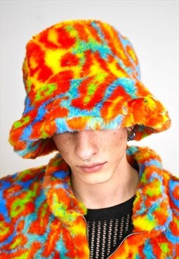 Leopard bucket hat orange faux fur festival cap animal print