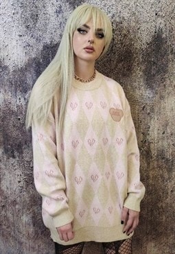 Geometric heart sweater love 90s diamond jumper pastel pink