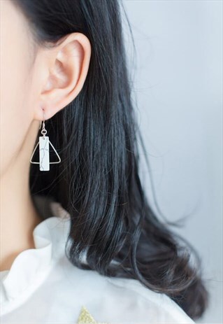 SILVER TRIANGLE HOOP EARRINGS WITH STONE BAR