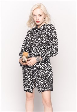 Long Sleeve Shirt Dress with Tie Waist in Black and White 