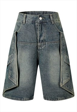 Utility denim shorts cargo pocket cropped jean pants blue