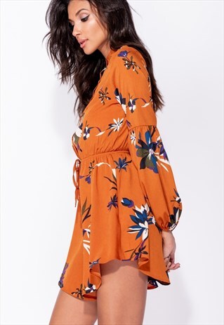 RUST FLORAL MINI SHIRT DRESS